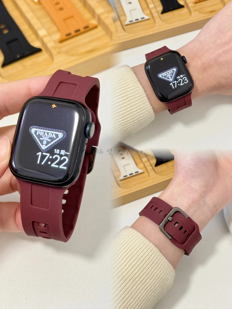 适用苹果手表带Apple watchS9柔软硅胶金属反扣H纹iwatch87SE高级