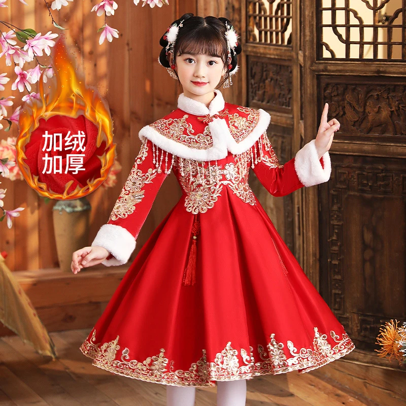 青-A527女童汉服秋冬新款拜年服儿童加厚中国风唐装冬季加绒古装