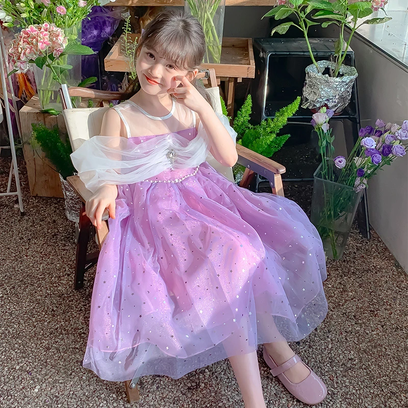 清】2589夏款女童露肩网纱公主裙艾莎蓬蓬裙连衣裙生日六一礼服