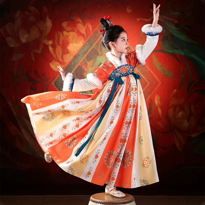 SL3266汉服女童秋冬新款敦煌连衣裙女孩国风唐装儿童冬季古装裙子