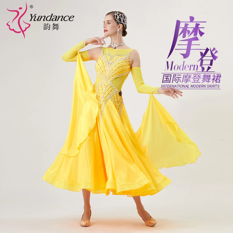 Yundance韵舞新款量身定制国标摩登舞服表演出比赛裙珍珠丝连衣裙
