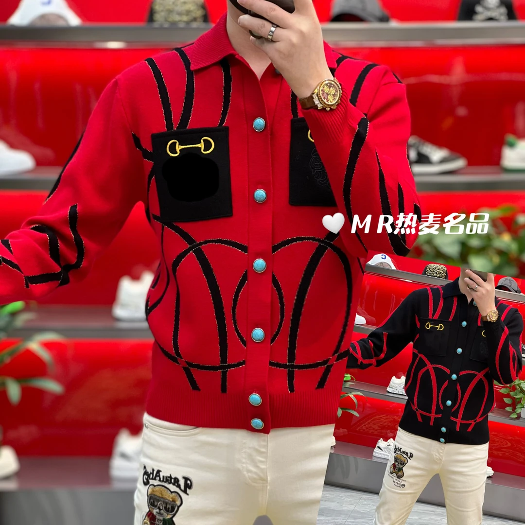 【格朗甄选】2024新款秋冬拼色刺绣口袋款男士修身弹力松石扣毛衫01