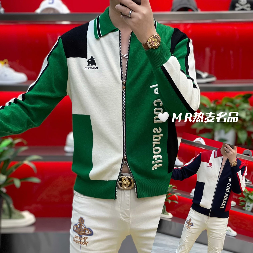 【格朗甄选】2024新款秋冬拼色上下开拉链款 男士修身翻领毛衫2412