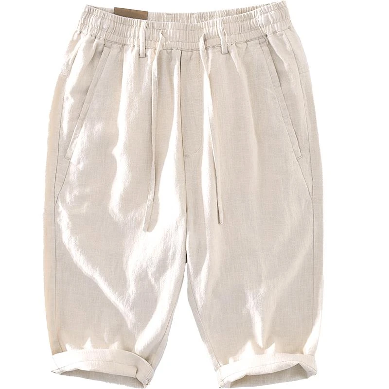 基础松紧腰苎麻七分裤男士抽绳百搭宽松青年休闲棉麻短裤