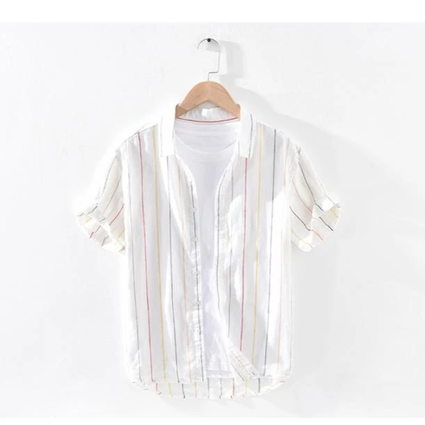 L546小清新条纹休闲短袖亚麻衬衫男士夏季青年宽松棉麻衬衣潮