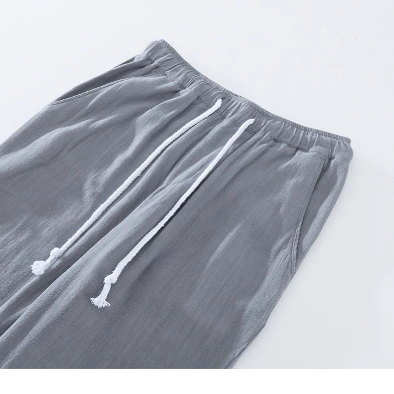 极麻日系直筒小脚文艺休闲裤男松紧腰宽松抽绳九分裤夏季