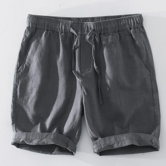 L8227日系抽绳苎麻休闲麻短裤男士松紧腰沙滩透气宽松亚麻五分裤