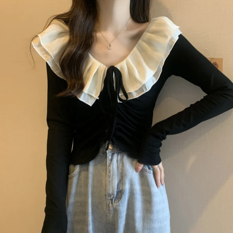 大码女装百搭显瘦荷叶边显瘦长袖上衣