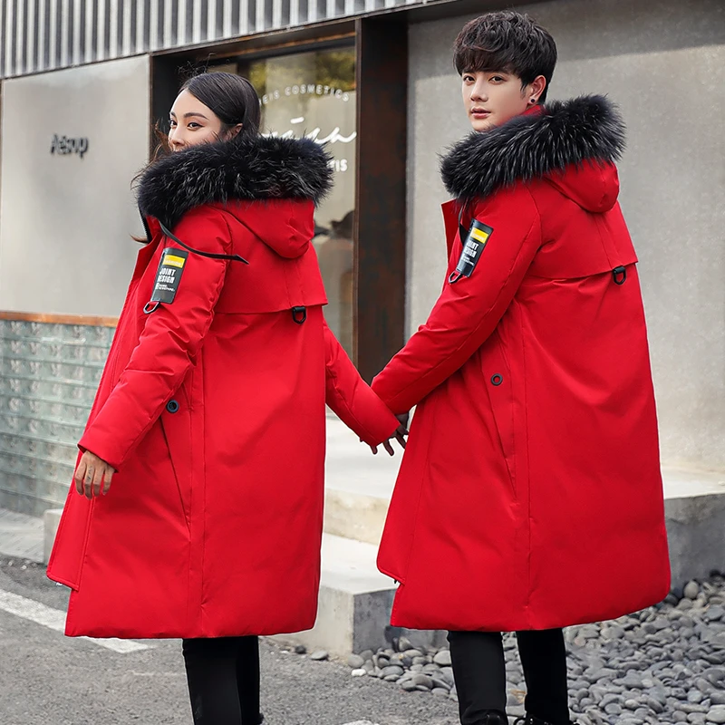 冬季新款红色羽绒服男长款过膝男女同款加厚冬装时尚韩版情侣外套