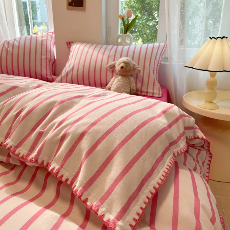 ins简约条纹全棉加厚纯棉磨毛四件套100棉小清新少女心床单三件套