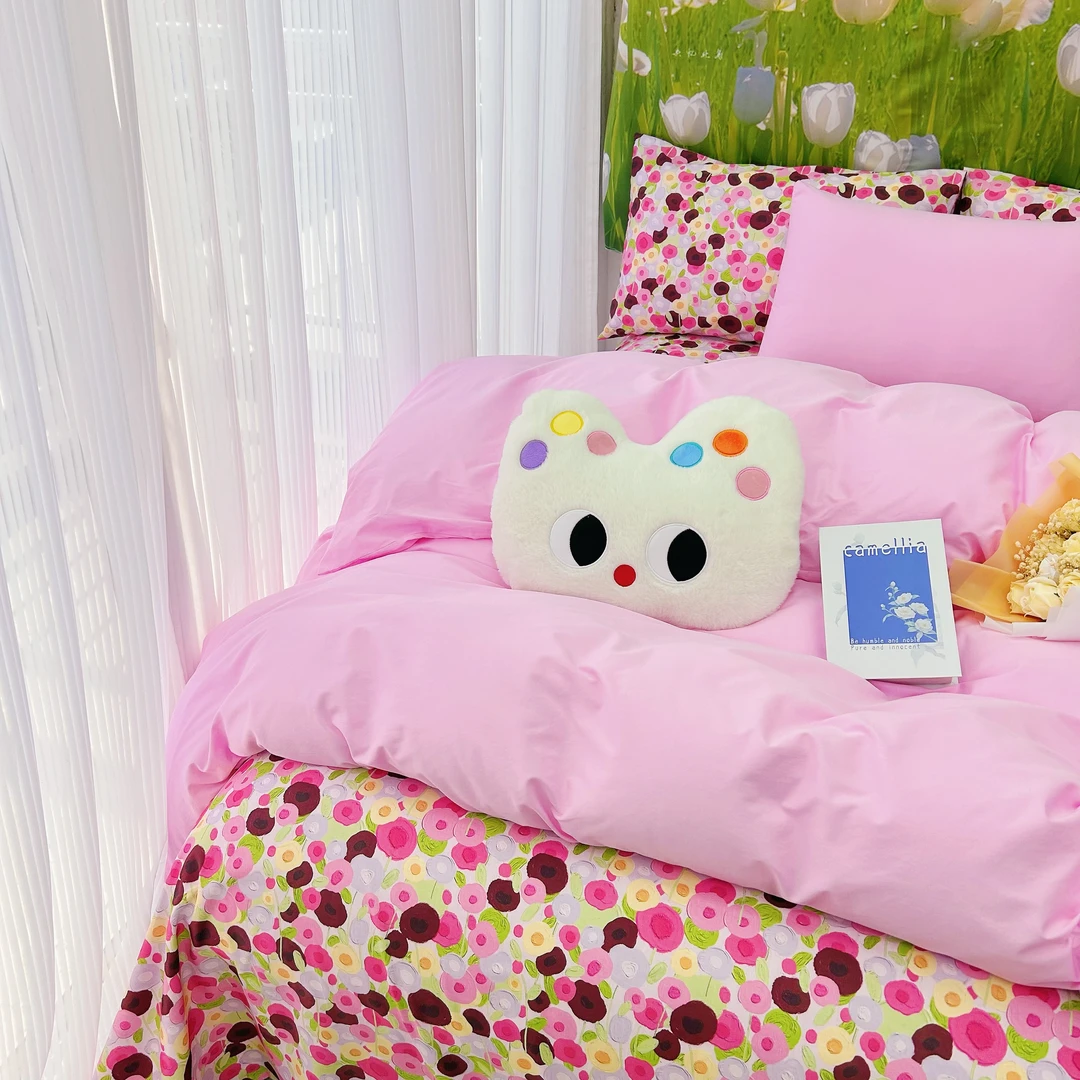 ins全棉小清新四件套100斜纹纯棉碎花床单粉色被套床上用品三件套