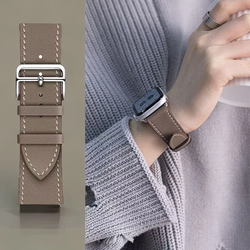 表带适用applewatchS11苹果iwatch10代8/765SE皮质经典爱马扣表带