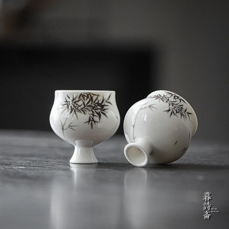 暮诗斋手绘竹子高脚茶杯陶瓷主人杯功夫茶具复古高足品茗杯茶杯