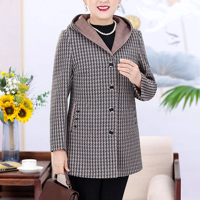 妈妈春秋连帽外套高贵大气中老年女装秋冬毛呢大衣宽松大码奶奶装