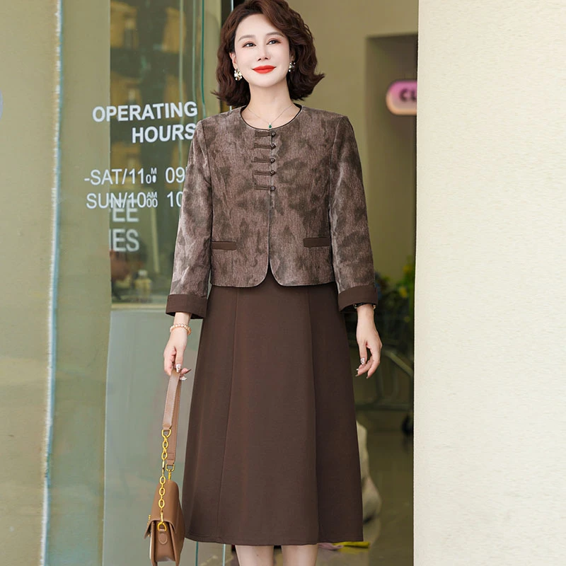 新中式妈妈秋装连衣裙中老年女洋气短外套阔太太春秋国风两件套裙