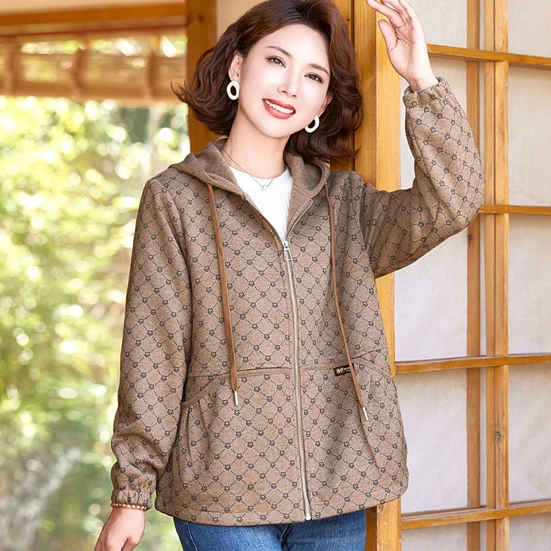 妈妈秋装开衫卫衣休闲时尚连帽外套中老年女装春秋宽松夹克衫上衣