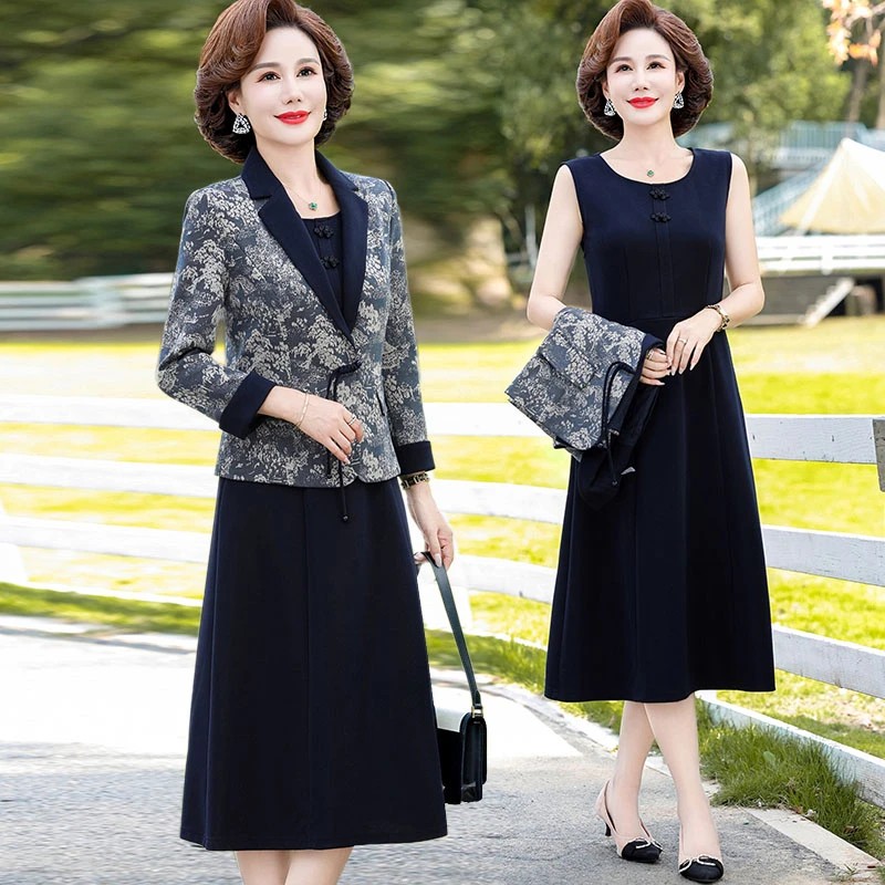 妈妈秋装洋气质花色小西装中老年女装阔太太春秋高贵连衣裙两件套