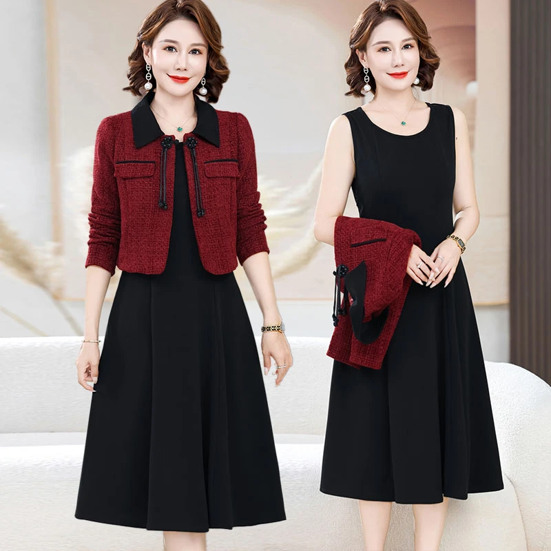 中年两件套连衣裙女秋装小香风气质外套妈妈春秋时尚高贵套装裙子
