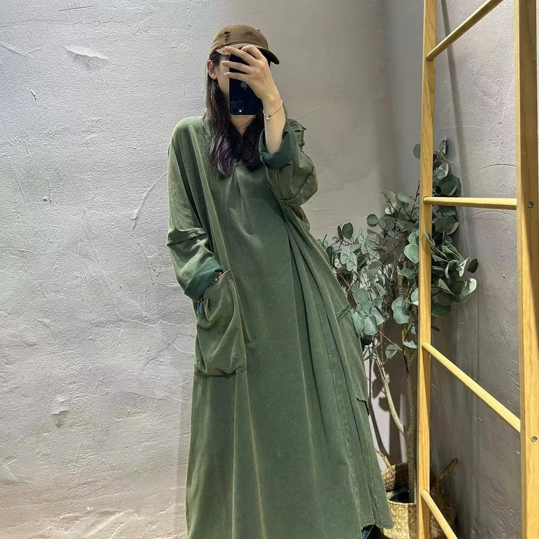 【半奏】秋季新款 V领大口袋毛圈棉长袍子裙子衣长116胸围146