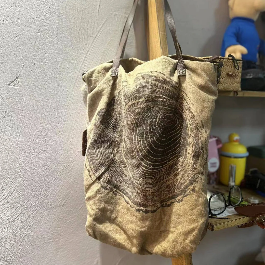 【半奏】大容 量粗麻 帆布AB面 真皮肩带 单肩手拎包