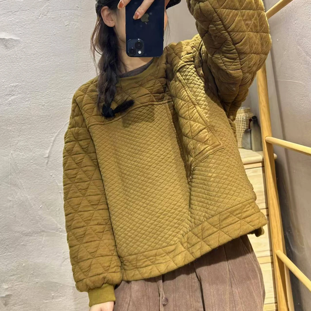 冬季新款做旧文艺拼布套头大口袋夹棉加厚卫衣胸围140衣长59