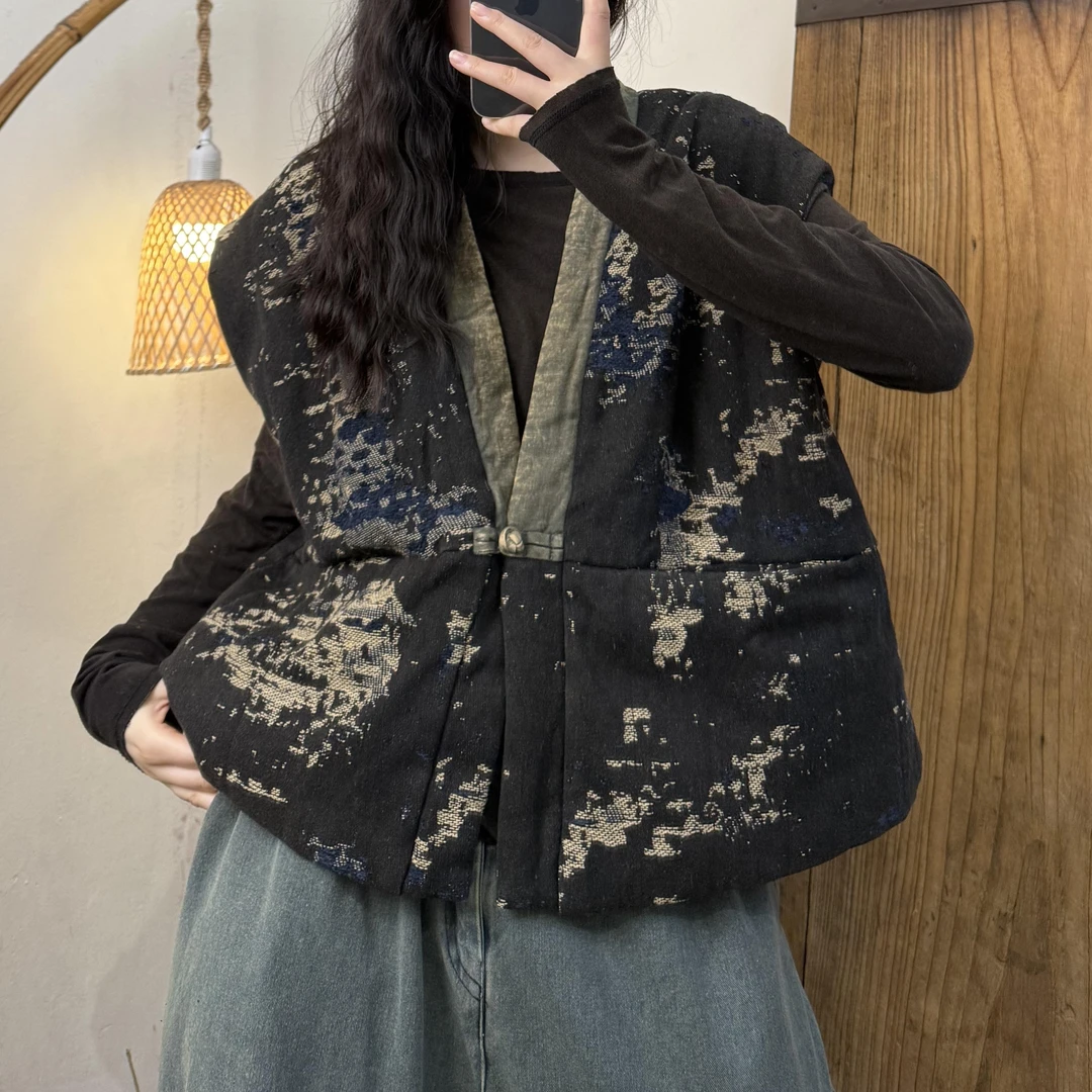 【半奏】冬季新款 复古盘扣提花麻新中式国风夹棉马甲胸围120衣长62