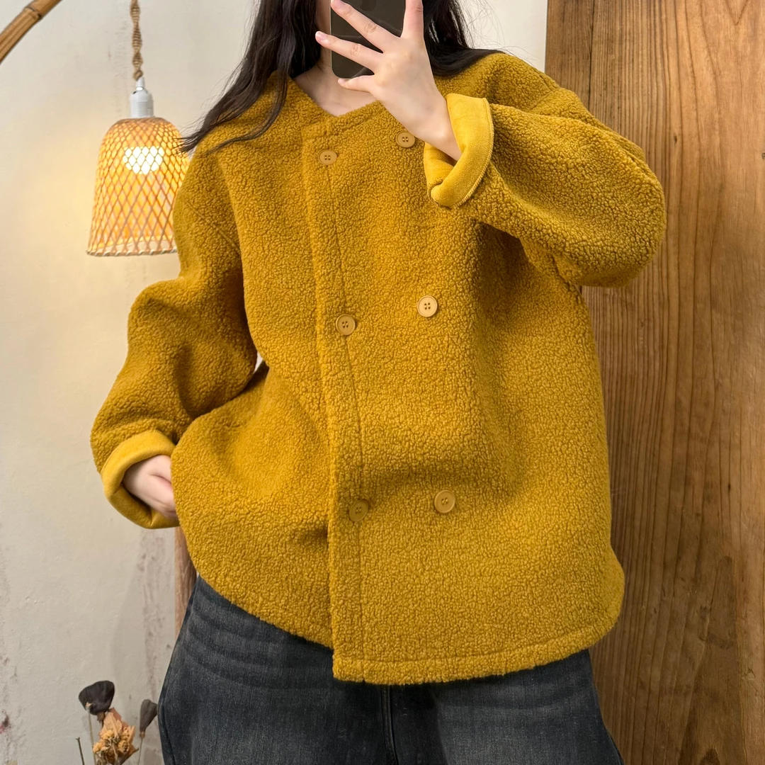 【半奏】冬季新款 简约文艺风仿羊羔毛双排扣外套女胸围120 衣长71