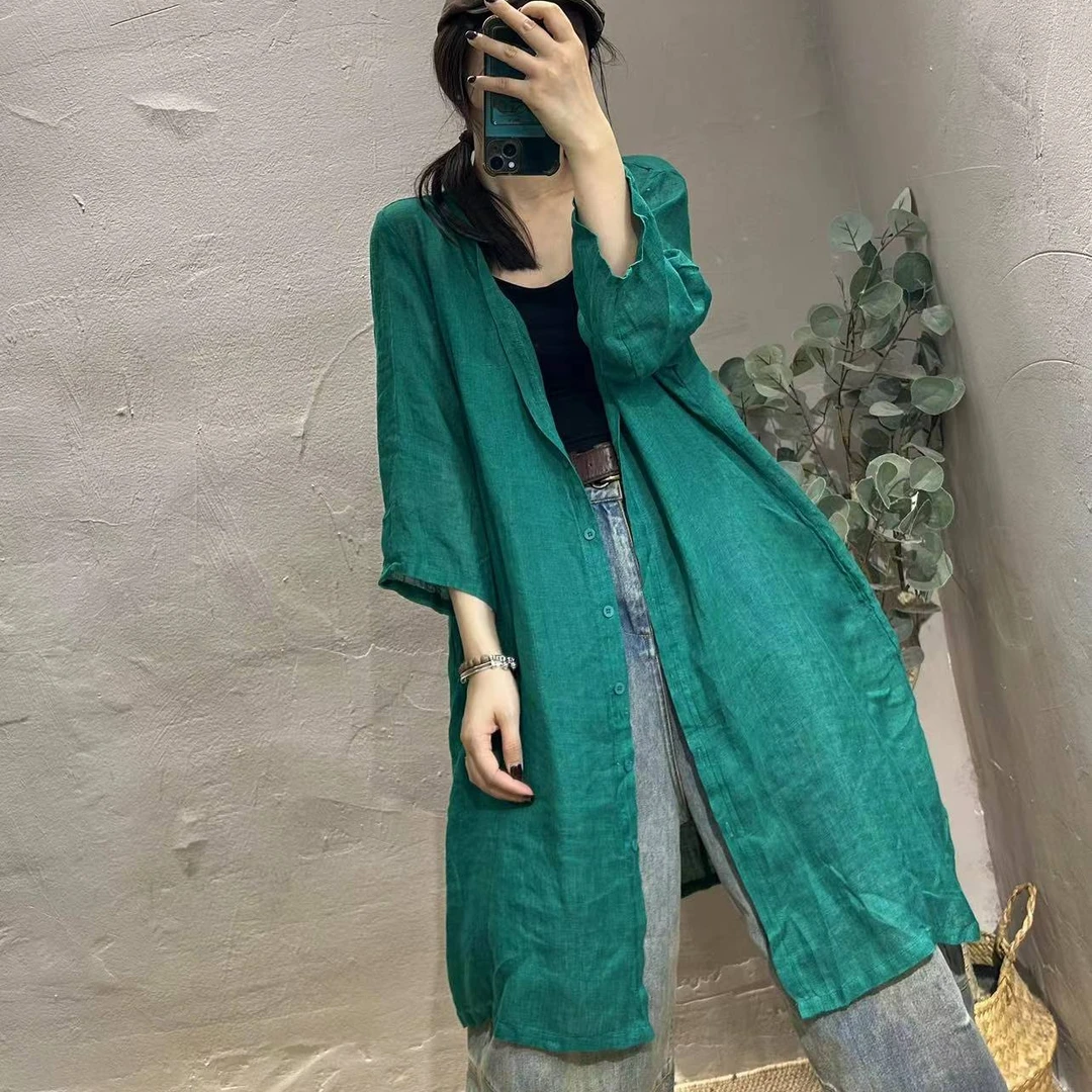 夏季新款文艺复古长款砂洗纯色亚麻衬衫风衣 胸围110 衣长93