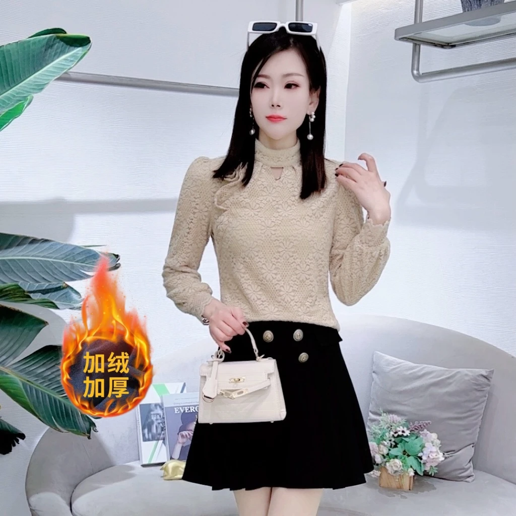 A7777立体花朵加绒加厚蕾丝打底长袖秋冬新款别致设计感镂空上衣