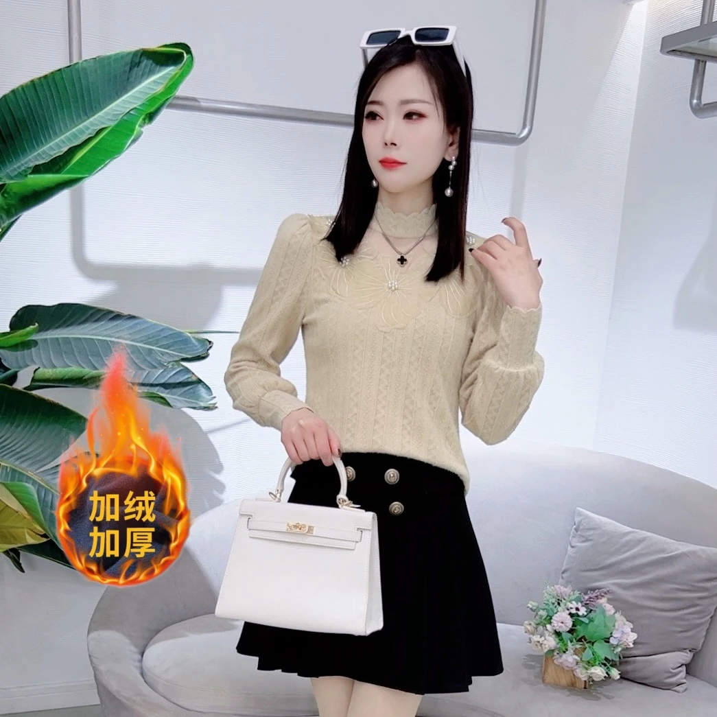 A7781蕾丝长袖打底衫秋冬新款气质时尚洋气加绒上衣