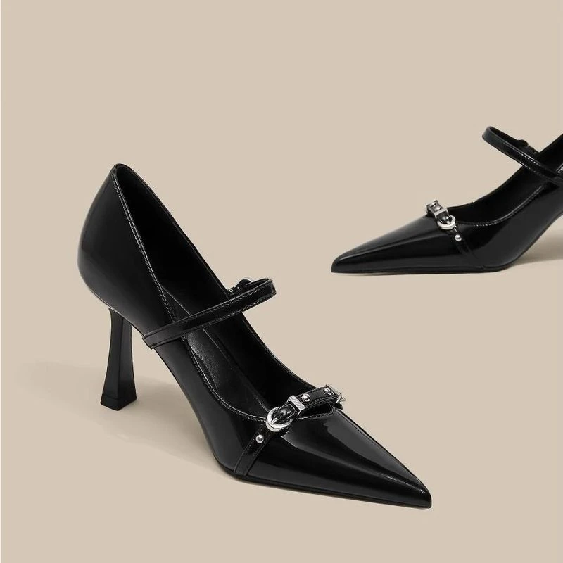 黑色气质一字带细跟高跟鞋女2024秋小众设计金属扣尖头浅口单鞋女