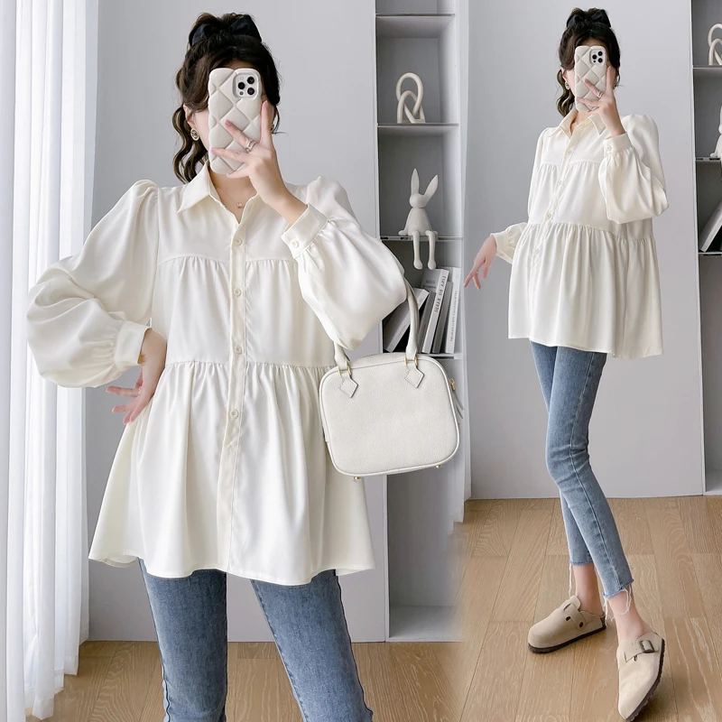 肖晓笑2025春季款孕妇装长袖衬衣简约休闲宽松娃娃衫孕期遮肚上衣