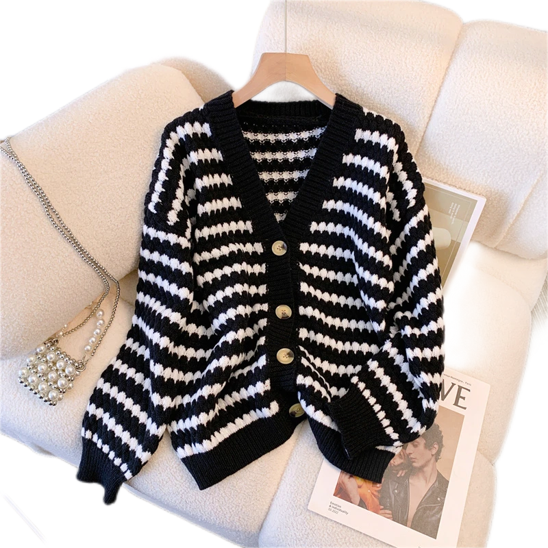 针织开衫女士早秋新款外搭洋气小个子上衣外套黑白条纹开衫秋季