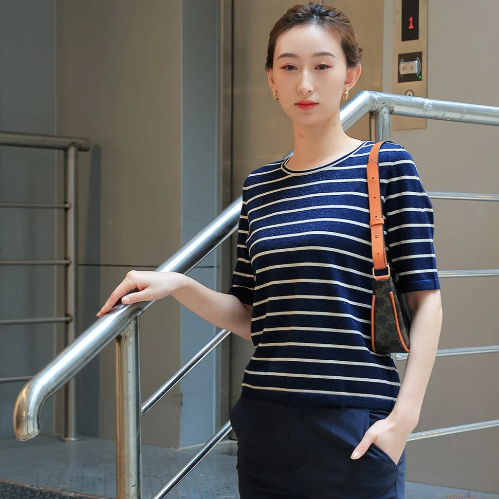 ZB/珍贝商场同款新品丝绒夹色中袖条纹圆领针织衫上衣百搭/66360