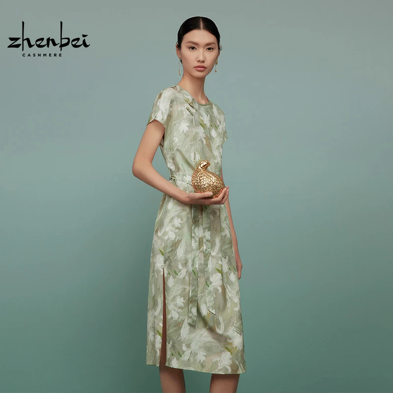 ZB/珍贝新款优雅气质风桑蚕丝意境花卉圆领连衣裙/H94063