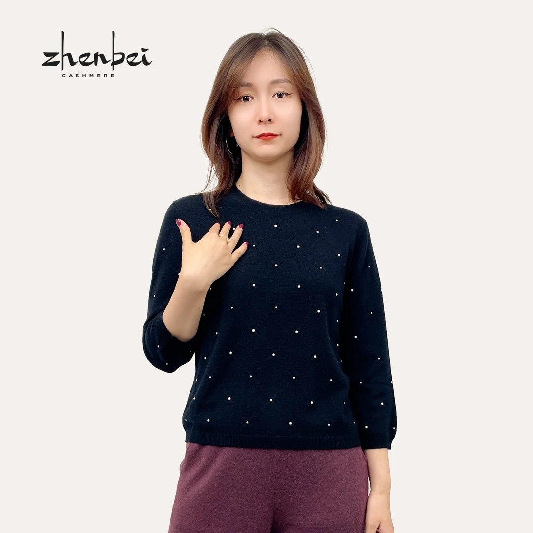 ZB/珍贝商场同款新品高支纱羊绒珍珠七分袖女衫/H91040