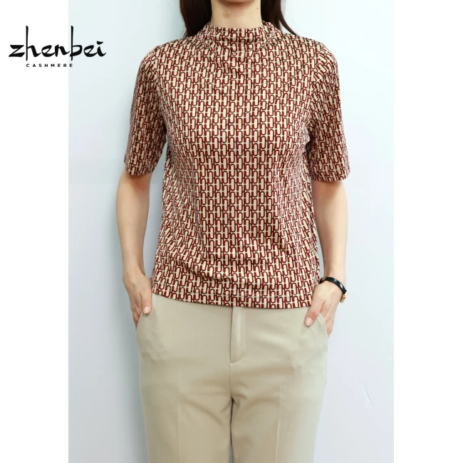 ZB/珍贝春夏真丝时尚印花显瘦妈妈装上衣自带领薄款中袖衫/45182