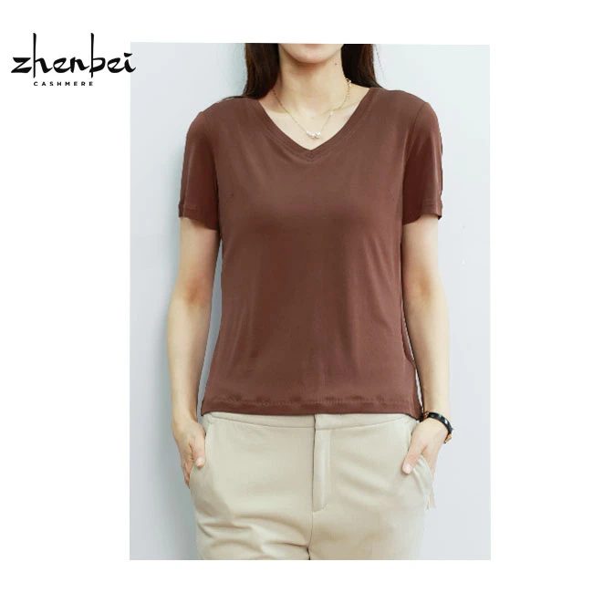 ZB/珍贝春夏百搭纯色大码显瘦桑蚕丝加捻V领短袖衫妈妈装/45373
