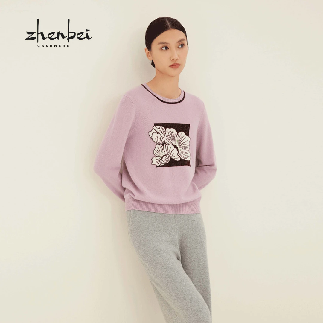 ZB/珍贝秋冬新品 商场同款简约时尚大气减龄圆领嵌花羊绒衫/56173