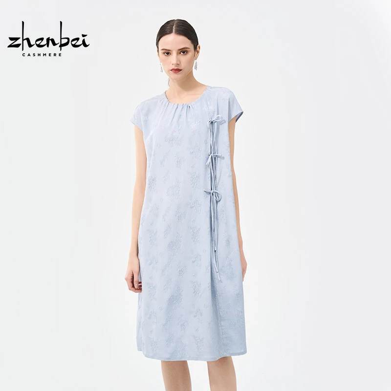 ZB/珍贝新中式蓝染桑蚕丝圆领系带连衣裙/H94090-1