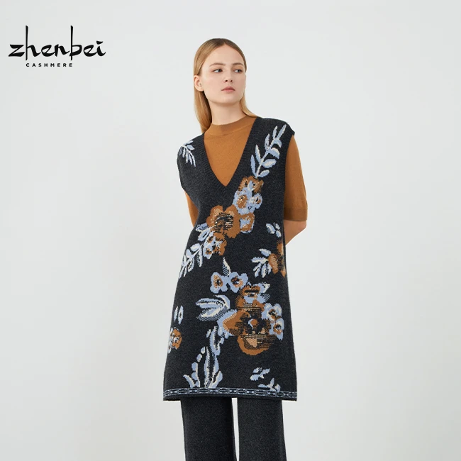 ZB/珍贝新款提花休闲时尚浓情巴黎V领长女背心/h81013-1