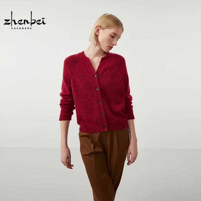 ZB/珍贝圣诞红花纱系列圆V领山羊绒女开衫/55486