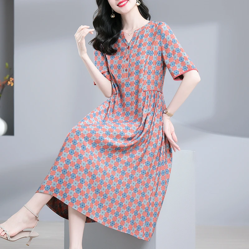 韩穆KA235598奢华妈妈垂坠感连衣裙女大码宽松显瘦V领裙子夏