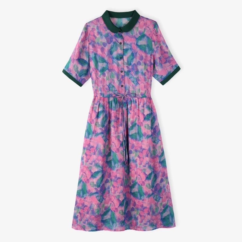 韩穆KA67885印花苎麻女装连衣裙夏季新款复古POLO领收腰气质裙子