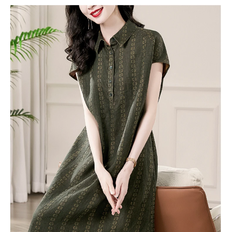 韩穆KA67739高货新款亚麻短袖精致妈妈装连衣裙