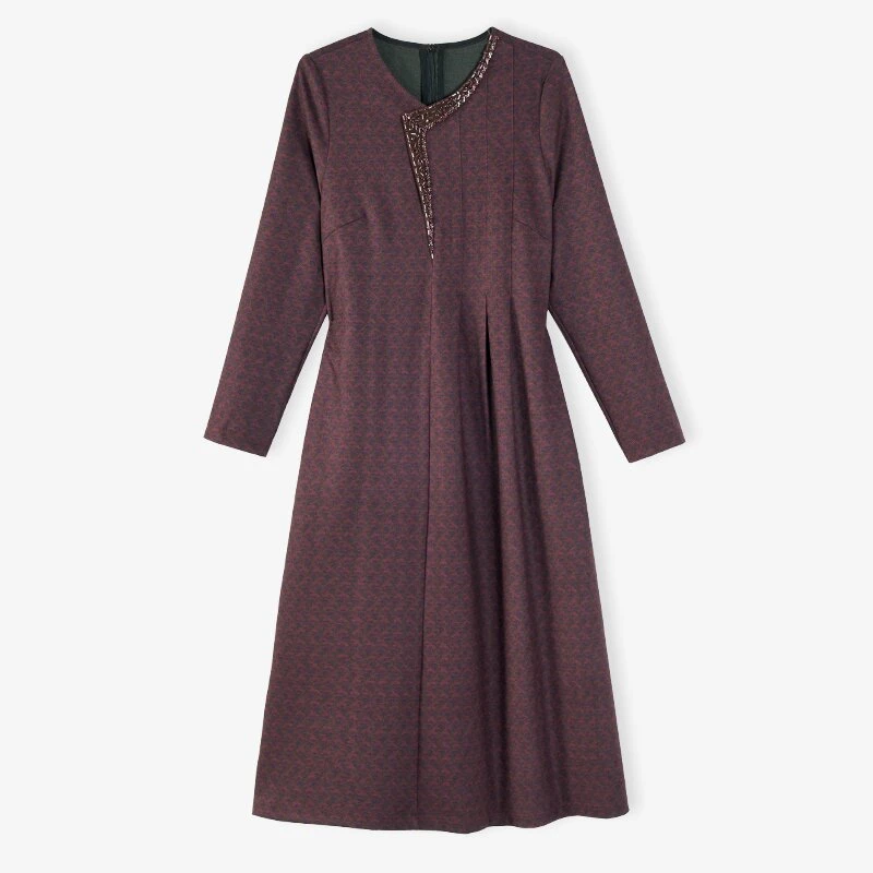 韩穆KA68999精致简约妈妈V领气质设计感长袖显瘦显白款连衣裙