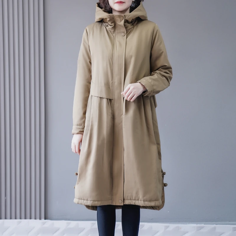 HN&MO/韩穆DA222869冬季新款连帽宽松显瘦长款盘扣款棉绒服