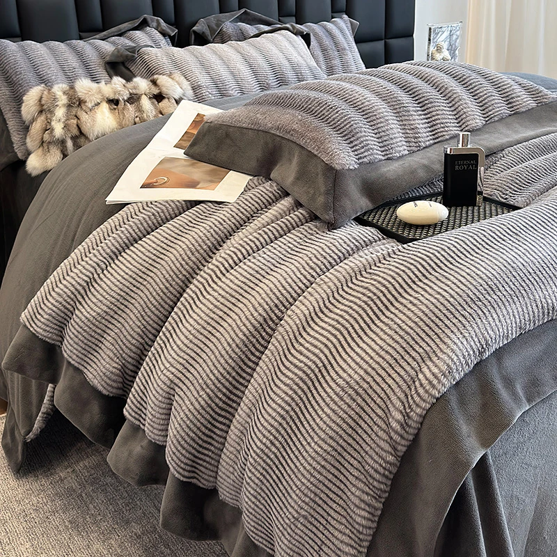 高克重细条狐狸貂加绒被四件套高档加厚被套床单床笠舒适床上用品