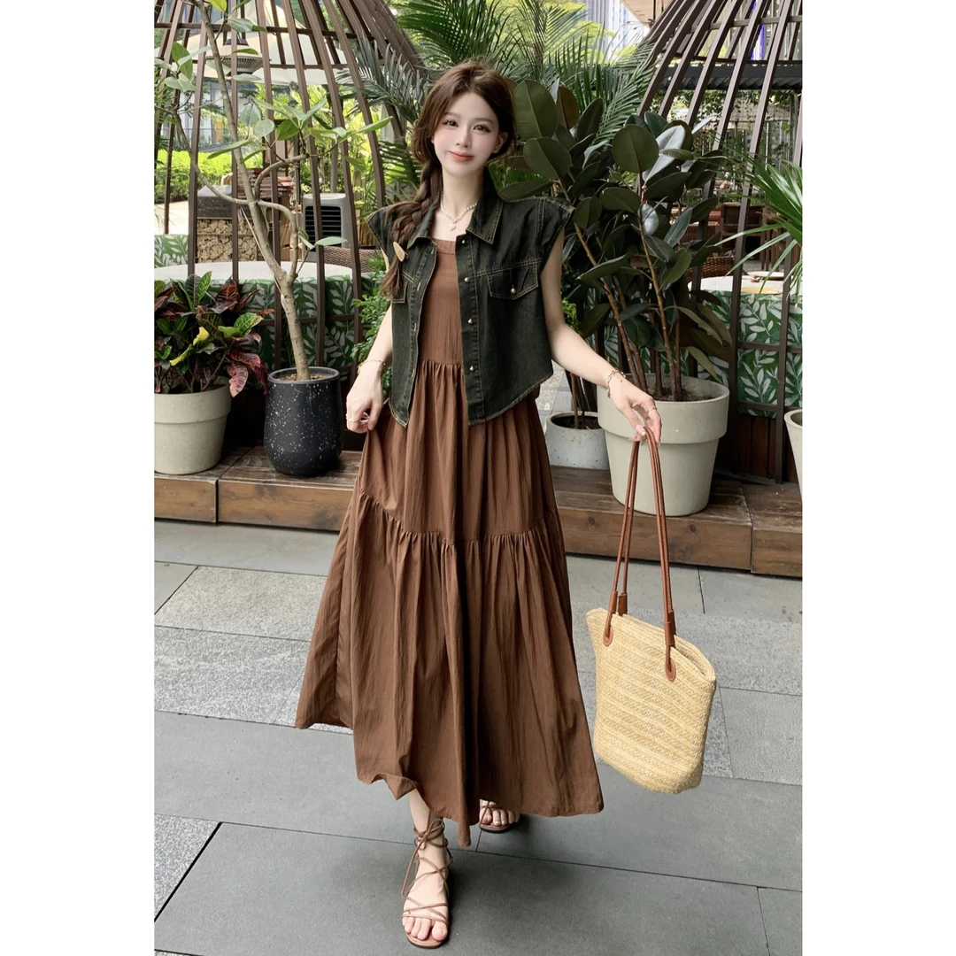 欧洲站春百搭休闲宽松牛仔外套薄+韩版夏季新款宽松吊带连衣裙潮