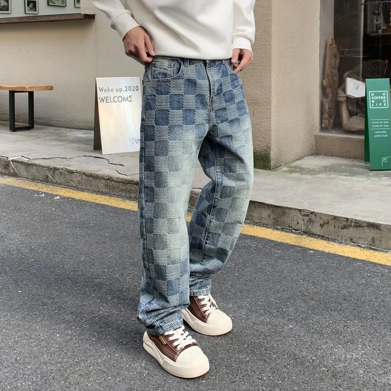 原创牛仔裤男棋盘格刺绣蓝色美式高街宽松直筒高端潮牌春秋裤子男